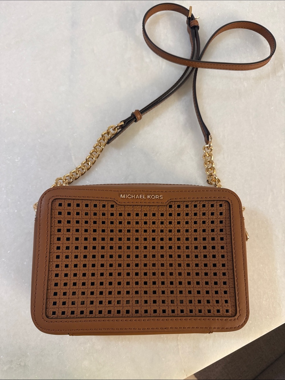 Michael Kors Brown Perforated Leather Crossbody Bag with Gold Chain